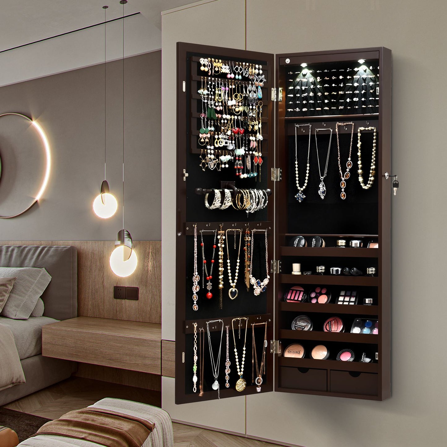 Lockable Jewelry Cabinet with Full Length Mirror and LED Lights