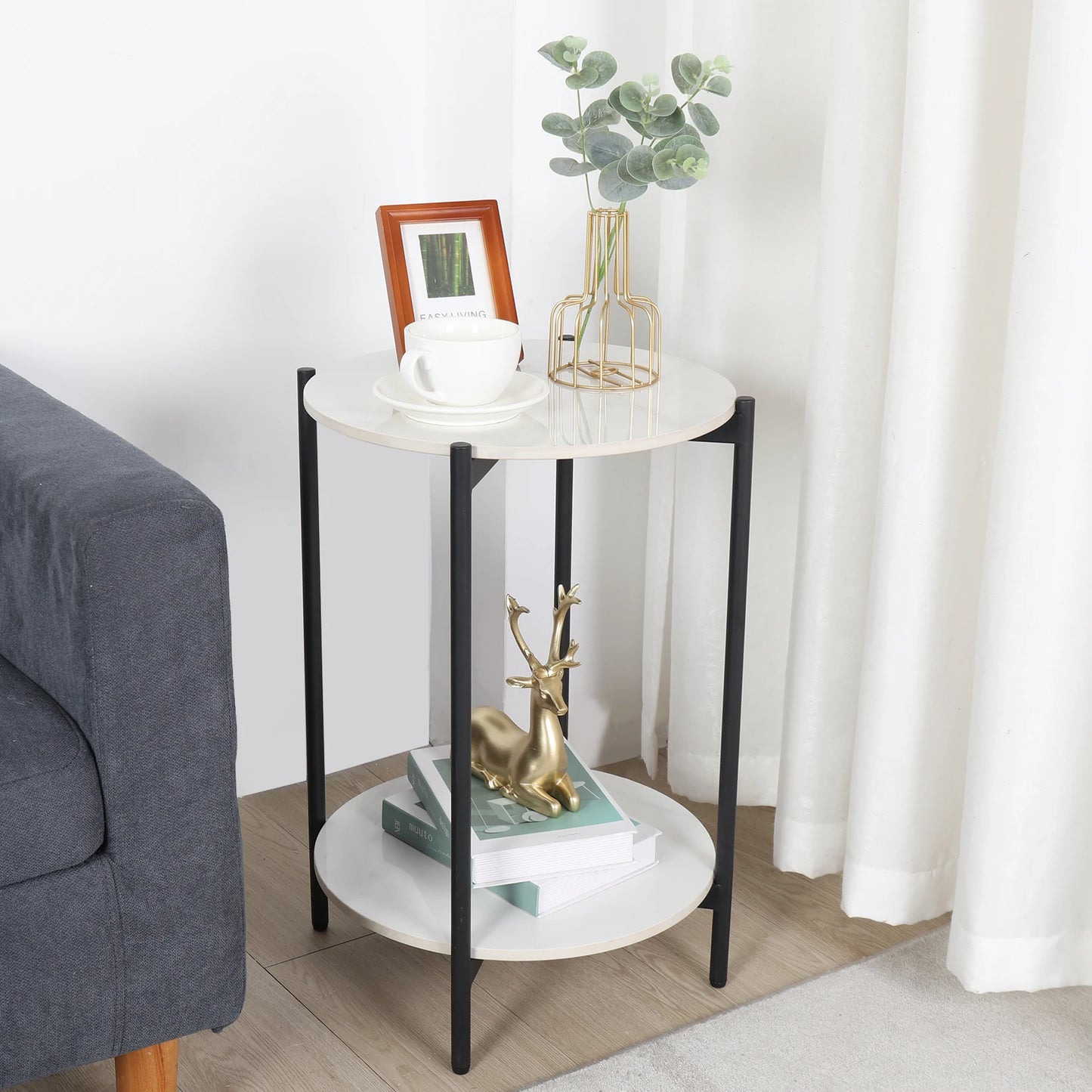 2 Tiers Solid Marble Sofa Side End Coffee Table Living Room Bedroom round Nesting Table Nightstand Metal Frame