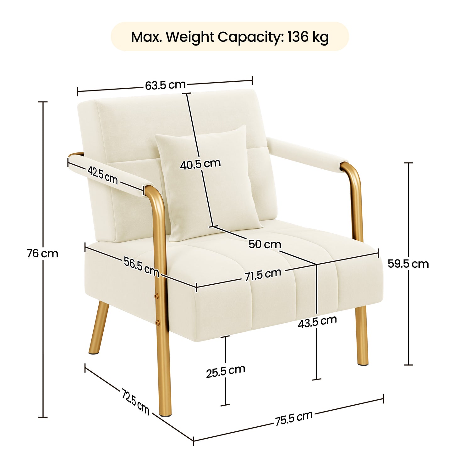 Accent Chair, 75.5 cm Wide Velvet Upholstered Accent Bedroom Chair with Gold Metal Frame & Cosy Pillow, Modern Design