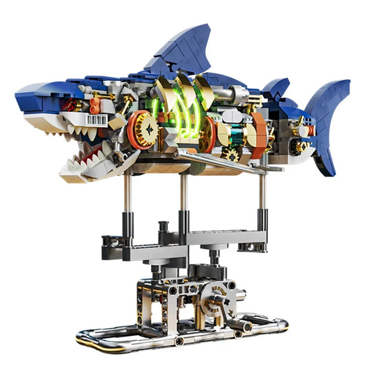 MOC Mechanical Shark Building Blocks Set - Stunning Sea Life Model with Display Stand and Lights - Perfect Gift for Kids and Adults!