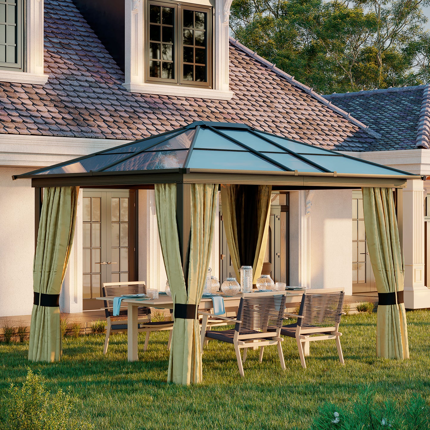 3.6m x 3m Outdoor Aluminium Alloy Gazebo with LED Solar Lights - Beige