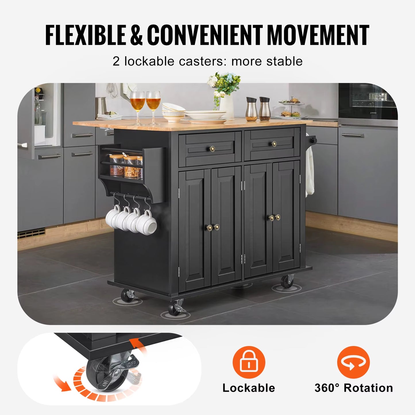 43" Kitchen Island Cart Wood Top Mobile Carts with Storage Cabinet Rolling Table with Drop Leaf Spice Rack Towel Bar Black