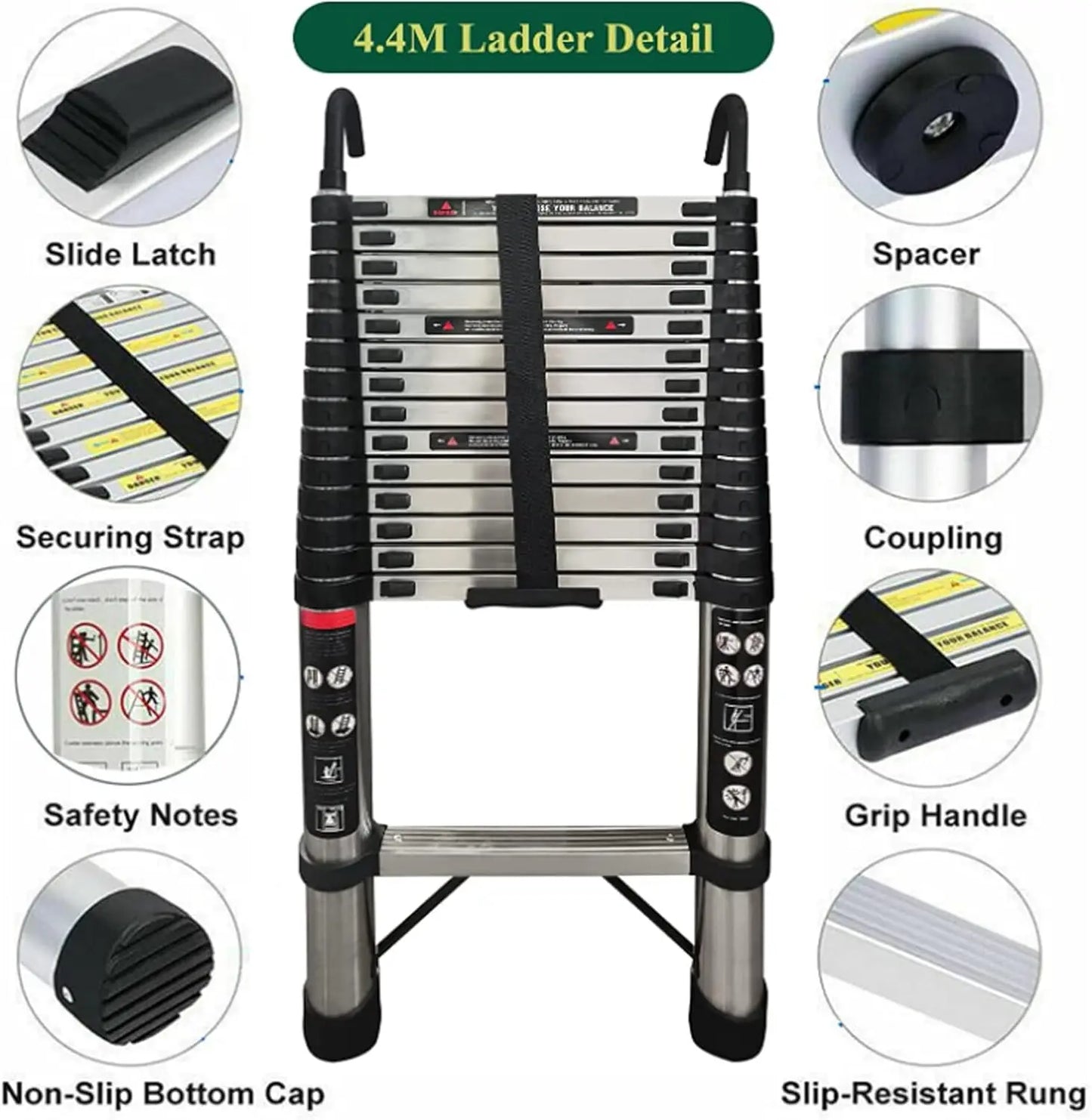 4.4M/14.4FT Telescopic Muilti-Purpose Foldable Stainless Steel Ladder with Hooks 14 Steps
