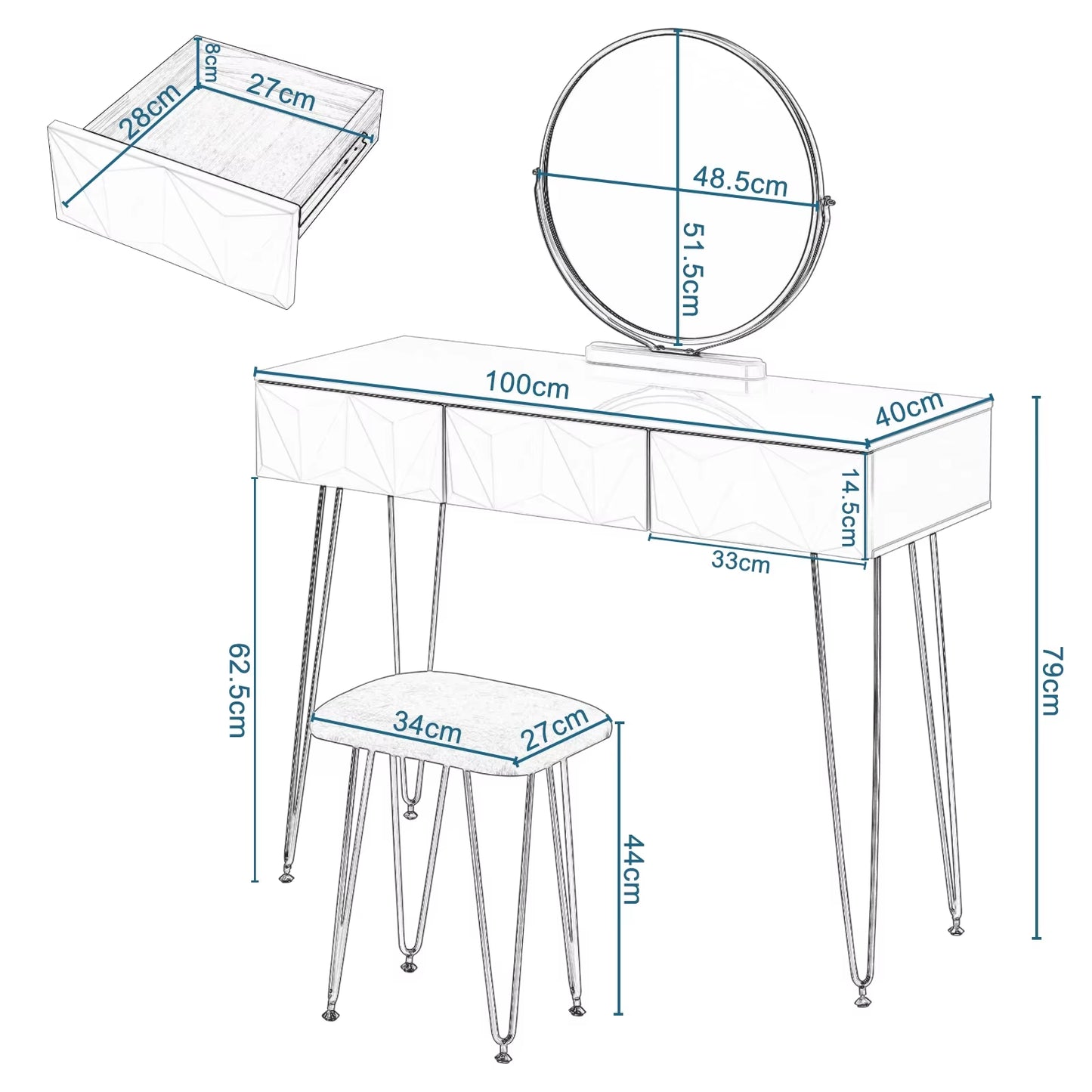 1SET White Gold Dressing Table with 360° Swivel Mirror 3D Effect Velvet Stool Cosmetic Makeup Dressers for Bedroom
