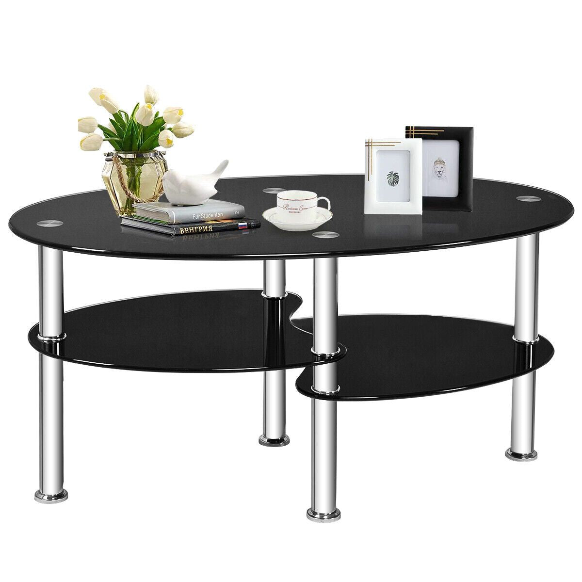 3-Tiers Tempered Glass Coffee Tables with 2 Shelves