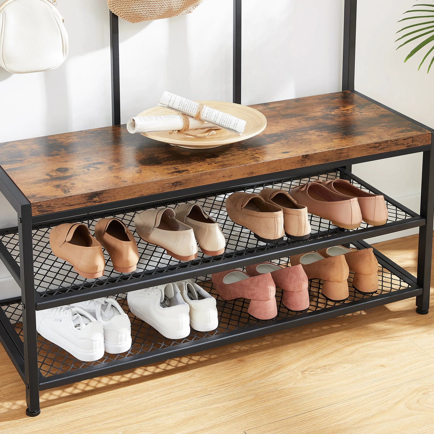 Large Coat Rack, Entryway Cabinet with 12 Hooks and Shoe Bench, Cloakroom Shelf, Office Bedroom, Steel Frame