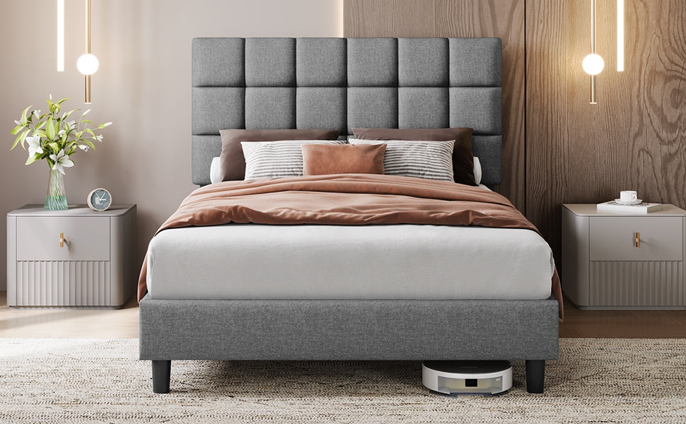 Upholstered Bed Frame, Modern Platform Bed Frame with Strong Wooden Slats Support and Square Tufted Headboard Height Adjustable