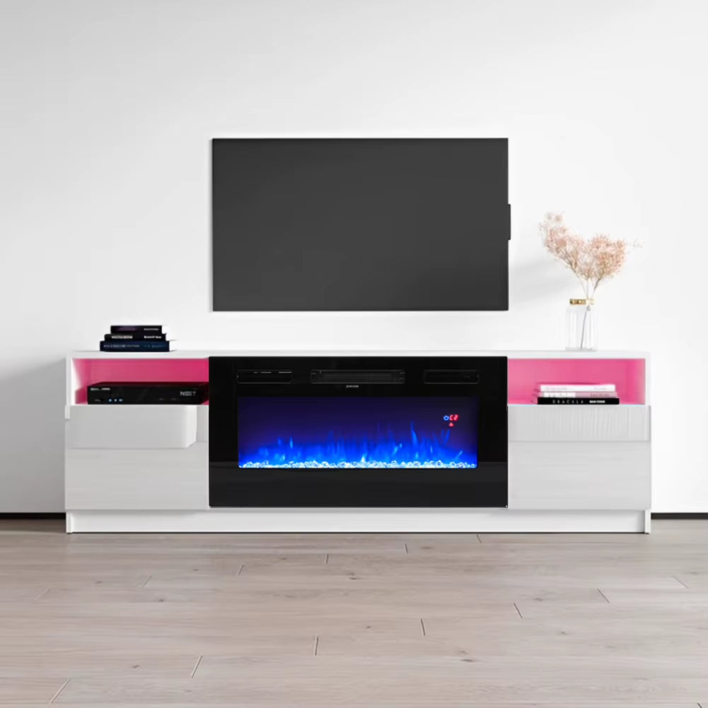Recessed Electric Fireplace TV Stand with Closed Storage, Overheating Protection, 12 Colors, 1-8H Timer, Black&White
