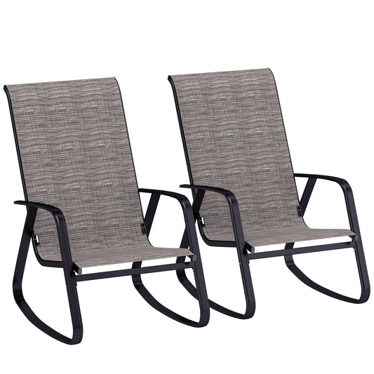 Set of 2 Ergonomic Outdoor Rocking Chairs with Armrests and High Backrest in Light Brown