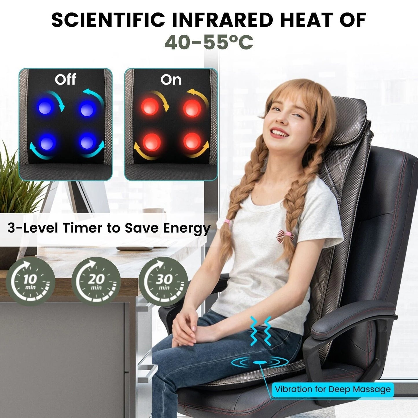 Back Massager with Heat Vibration and Removable Neck Pillow
