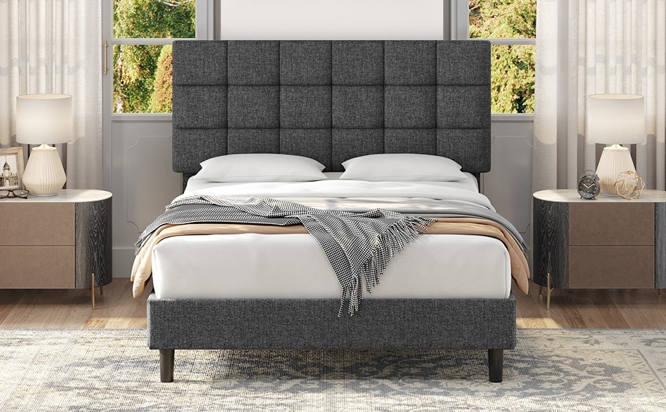 Upholstered Bed Frame, Modern Platform Bed Frame with Strong Wooden Slats Support and Square Tufted Headboard Height Adjustable