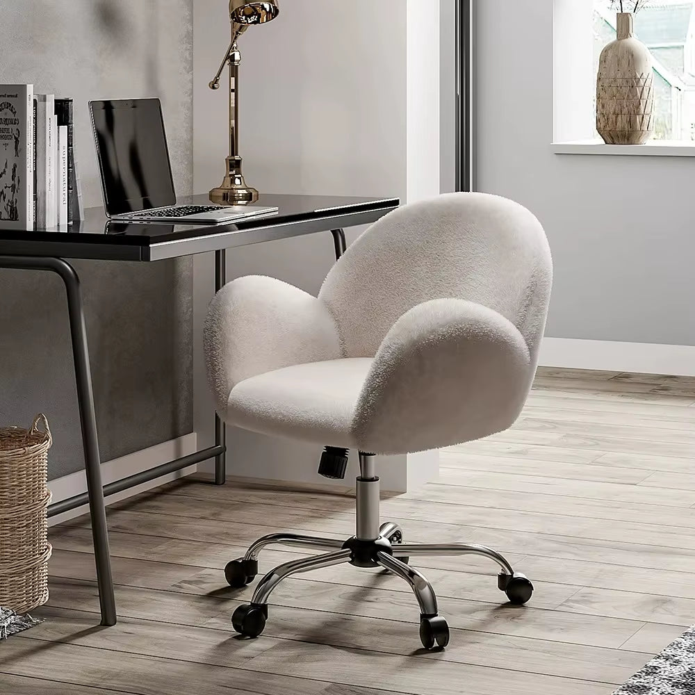 White Comfy Plush Swivel Office Chair Adjustable Height