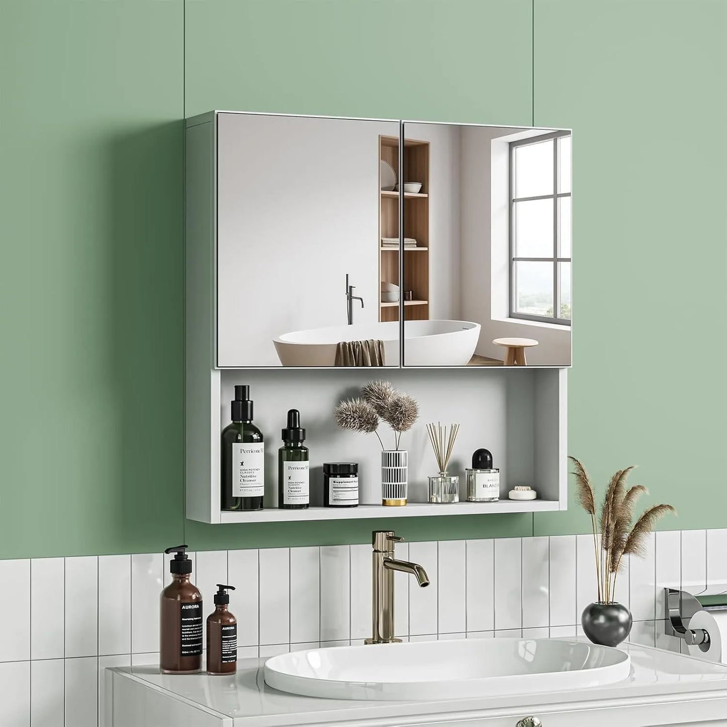 Sleek White Double Door Wall-Mounted Mirror Cabinet with Open Shelf & Adjustable Storage