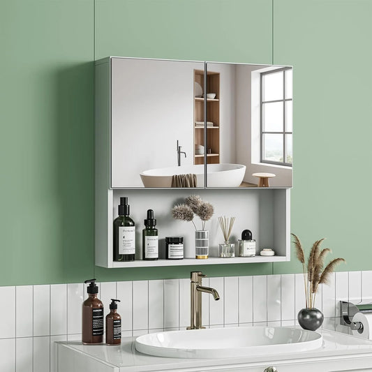 Sleek White Double Door Wall-Mounted Mirror Cabinet with Open Shelf & Adjustable Storage