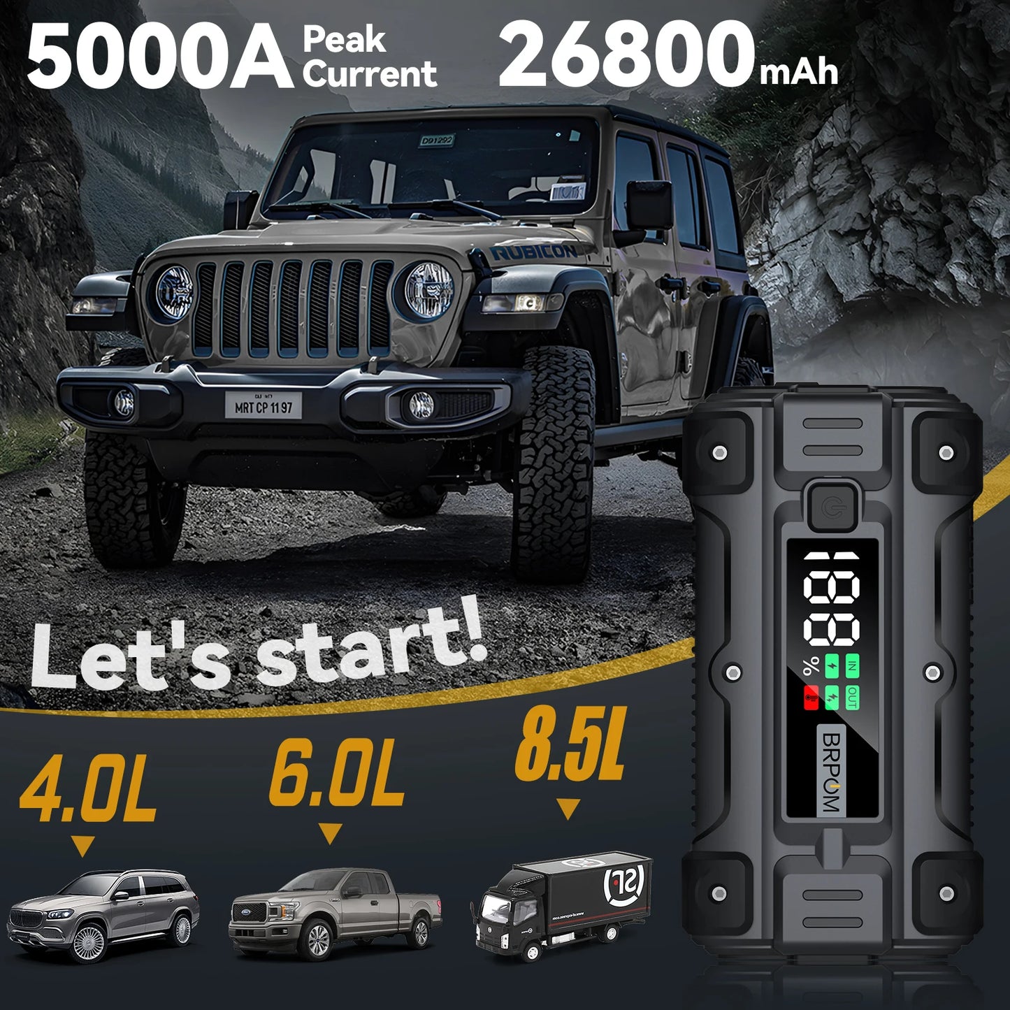 Car Jump Starter 5000A Peak 26800Mah 12V Auto Supercharger Battery Charger Jumper Box with LED Screen