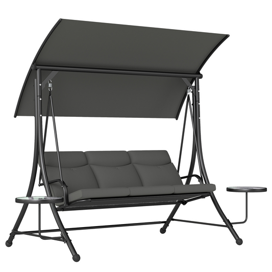 3-Seater Patio Swing Chair with Adjustable Canopy & Glass Tables