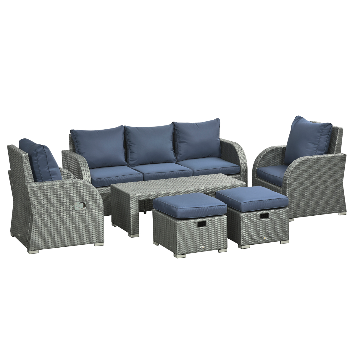 6pc Padded Outdoor Rattan Set: 2 Recliners 3-Seat Sofa Footstools Table