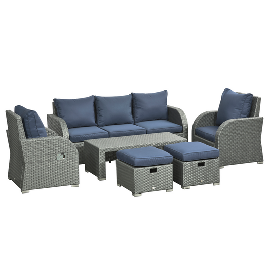 6pc Padded Outdoor Rattan Set: 2 Recliners 3-Seat Sofa Footstools Table