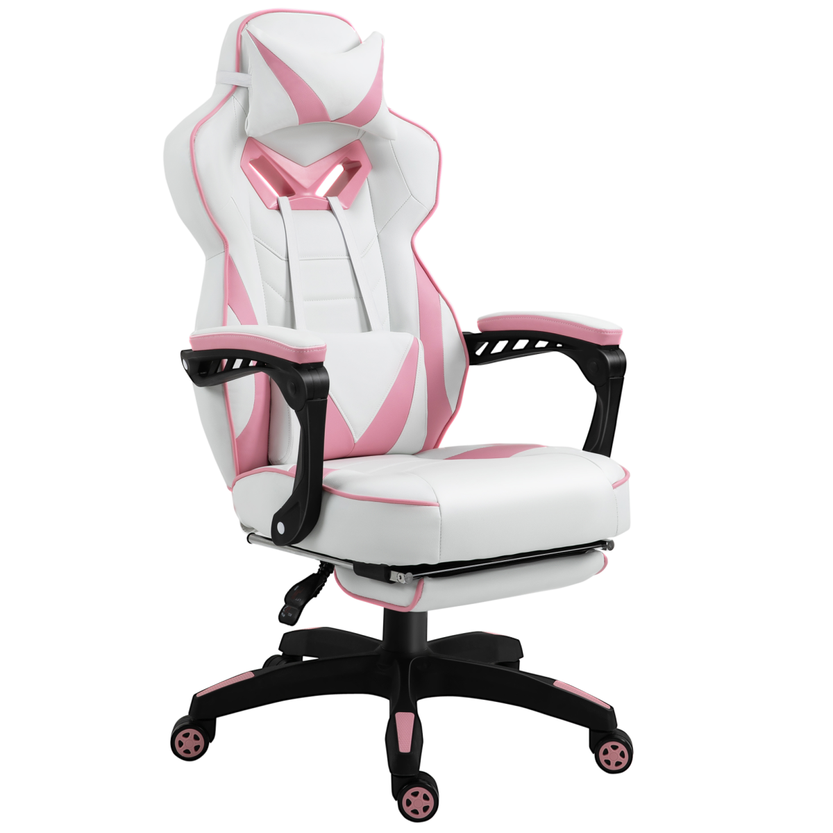 Ergonomic Gaming Chair with Wheels & Manual Footrest, Pink Faux Leather