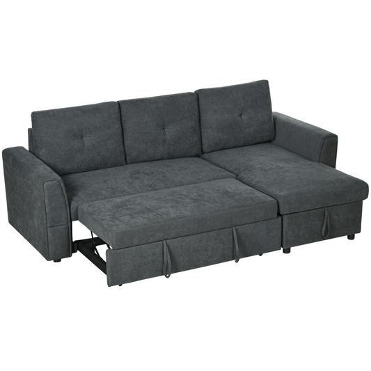 3-Seater Sofa Bed with Storage, Convertible Chaise - Dark Grey