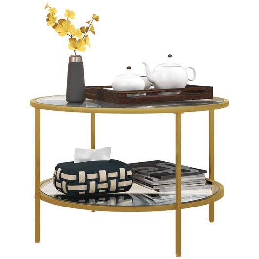 Elegant Gold Round Coffee Table with Storage Shelf & Sleek Glass Top