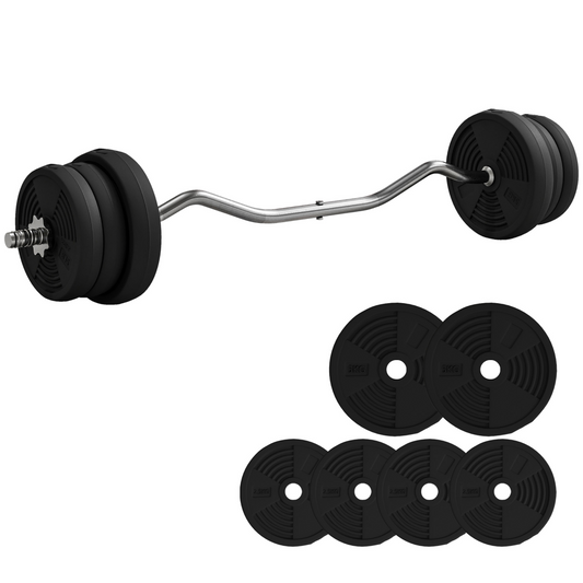 Barbell with black weight plates and additional weight discs on a white background