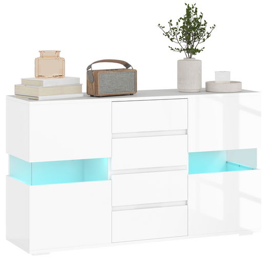 Illuminate Your Space: High Gloss LED Sideboard with 4 Drawers