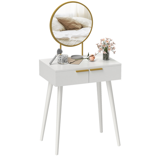 Elegant White Dressing Table with Gold Accents & Round Mirror