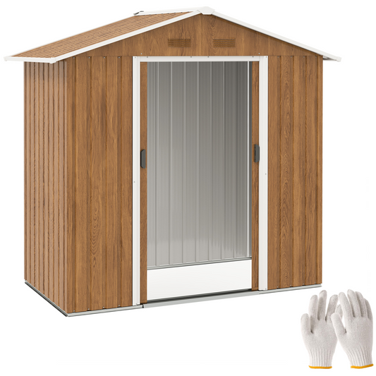 6.5x3.5ft Brown Wood-Effect Metal Garden Shed with Lockable Door