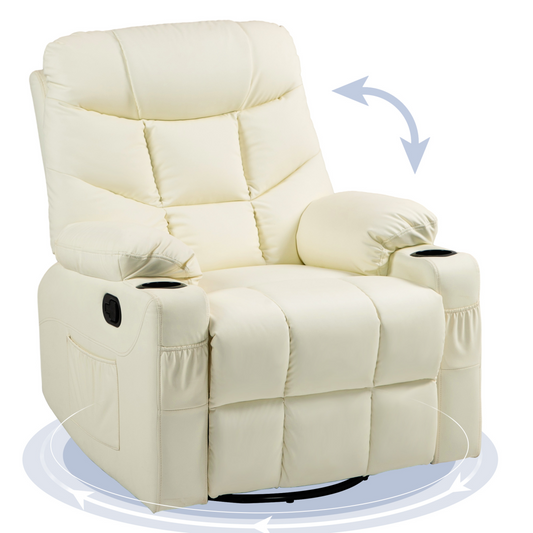 Luxury Recliner Chair with Footrest & Cup Holders - Cream Swivel Comfort