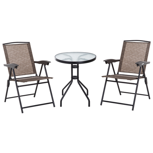 3-Piece Patio Bistro Set: Folding Chairs & Tempered Glass Table, Brown