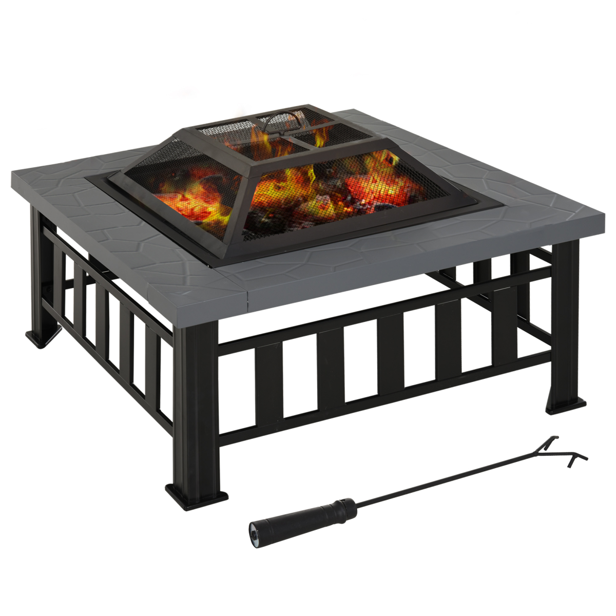 Square Fire Pit with Waterproof Mesh Cover, Faux Stone Top, Poker Tool