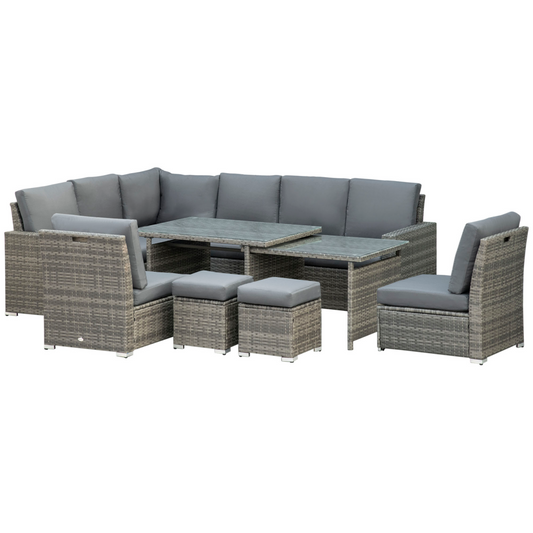 10-Seater Rattan Sofa Set - Cushioned Seats, Footstools & Glass Table