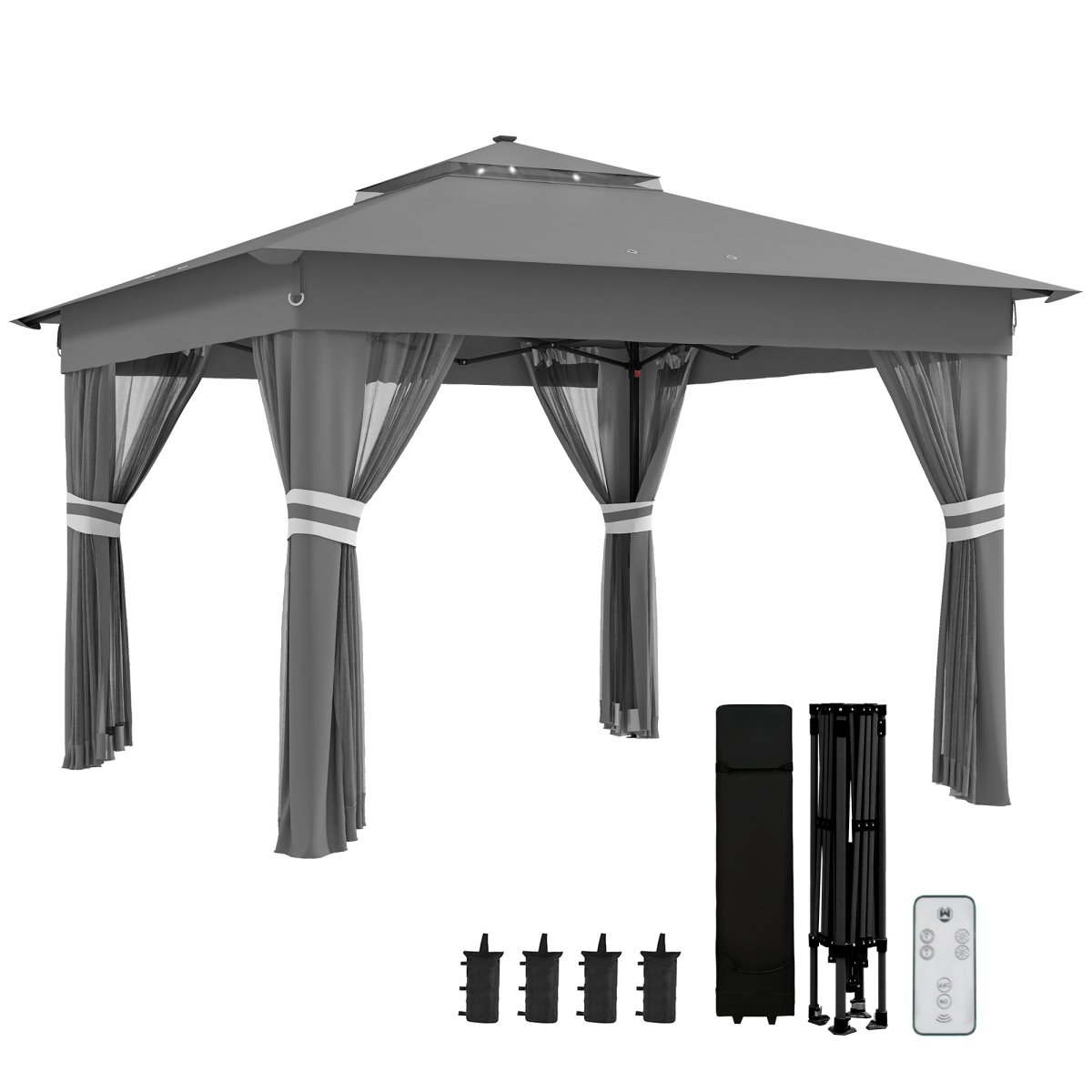 3x3m Pop-Up Gazebo with Solar LED Lights and Curtain Netting - Grey