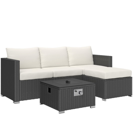 Modular 4-Seater Rattan Sofa Set with Fire Pit Table & Cushions