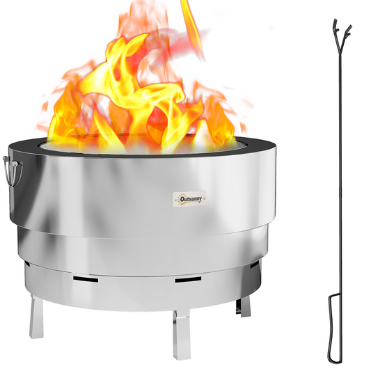 Portable Round Fire Pit & Grill - Stainless Steel with Poker Included