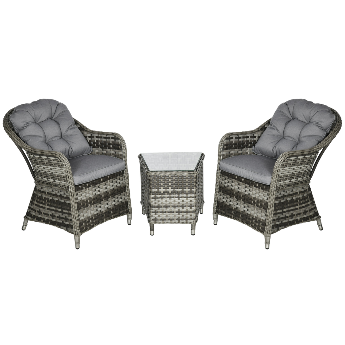 3-Piece Aluminium Rattan Bistro Set with Cushions & Glass Top