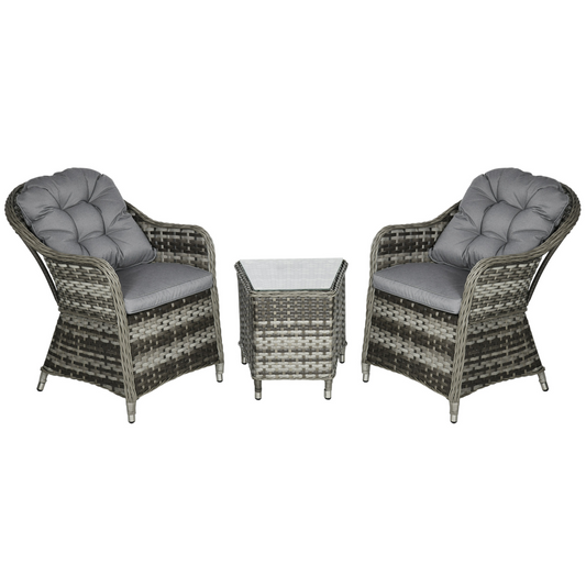 3-Piece Aluminium Rattan Bistro Set with Cushions & Glass Top