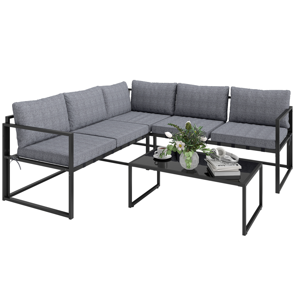 Grey 3-Piece L-Shaped Garden Furniture Set with Cushions & Glass Table