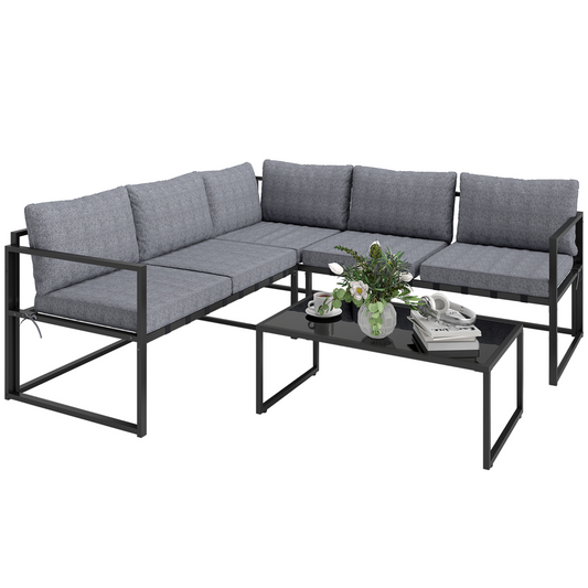 Grey 3-Piece L-Shaped Garden Furniture Set with Cushions & Glass Table