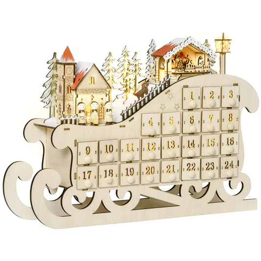 Light-Up Wooden Sleigh Advent Calendar - 24 Drawers, Natural Finish