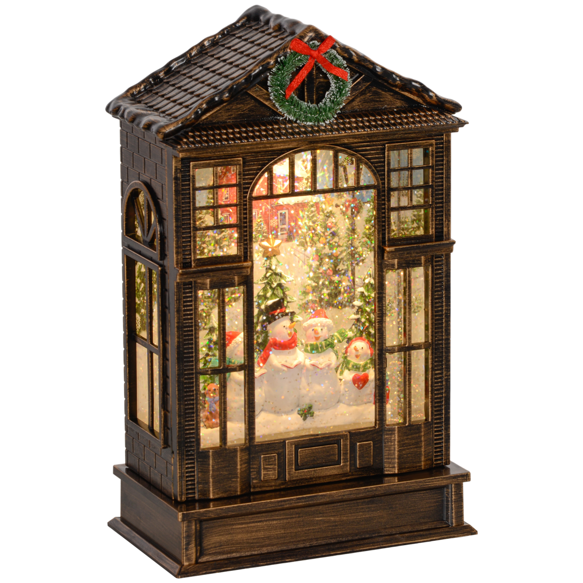 Christmas Snow Globe Lantern with Lights - Bronze Tone