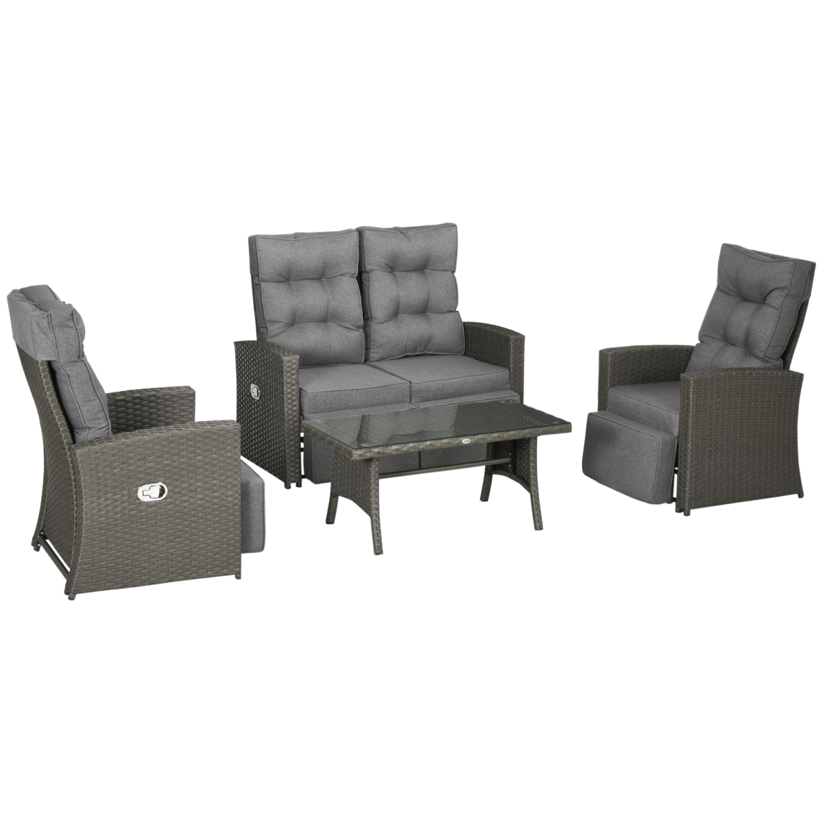 4-Piece Rattan Garden Set: Loveseat, 2 Armchairs, Glass Table, Grey