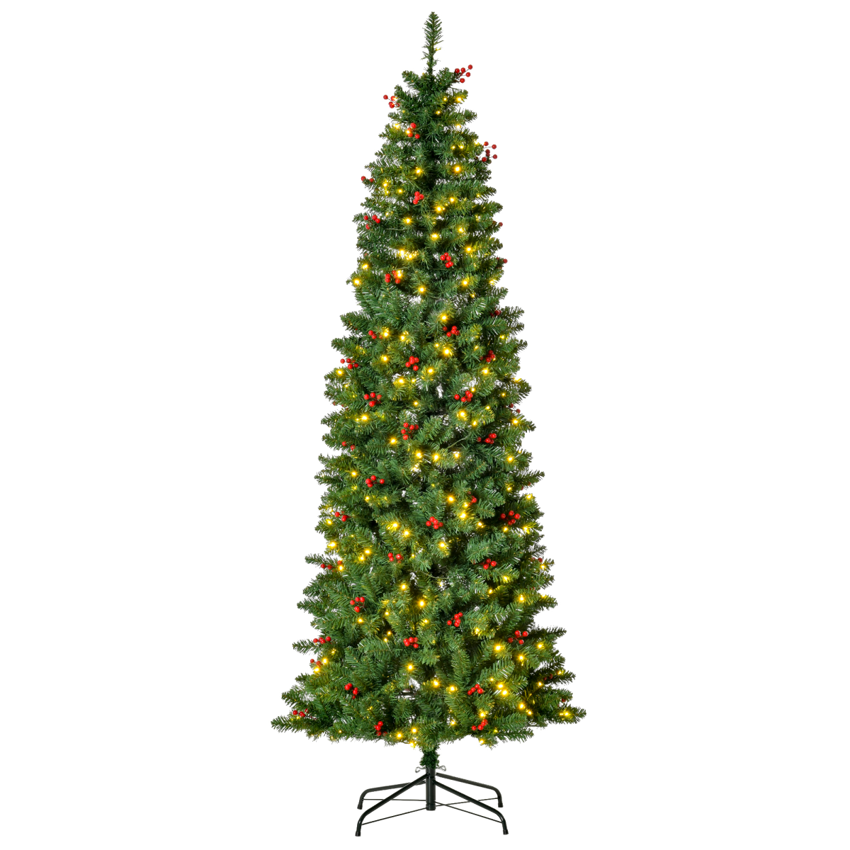 7ft Prelit Pencil Christmas Tree with Warm White LEDs, Green & Red Berry