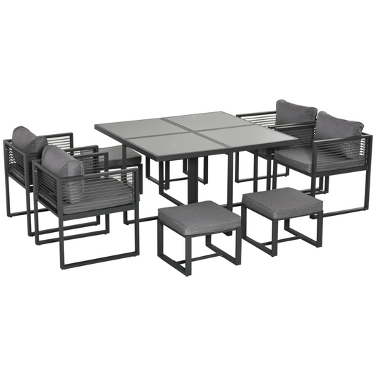 Grey 8-Seater Dining Cube Set: Table, 4 Chairs, 4 Cushioned Footstools
