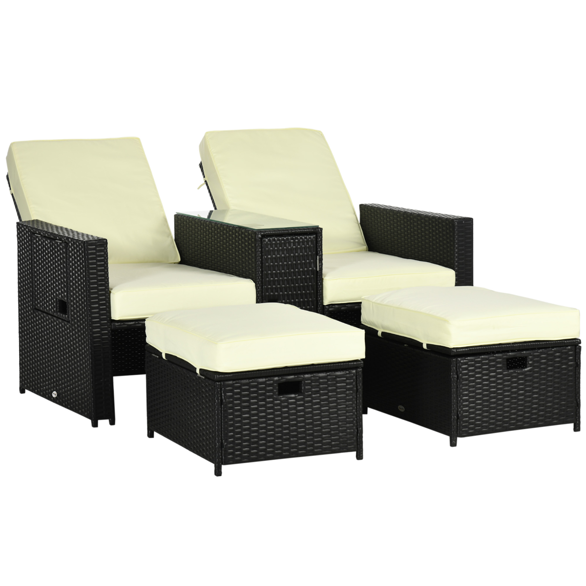 5-Level Adjustable Rattan Sun Lounger with Storage Table & Footstools - Black