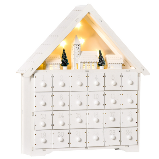 Wooden 24-Drawer Advent Calendar with LED Light-Up, White