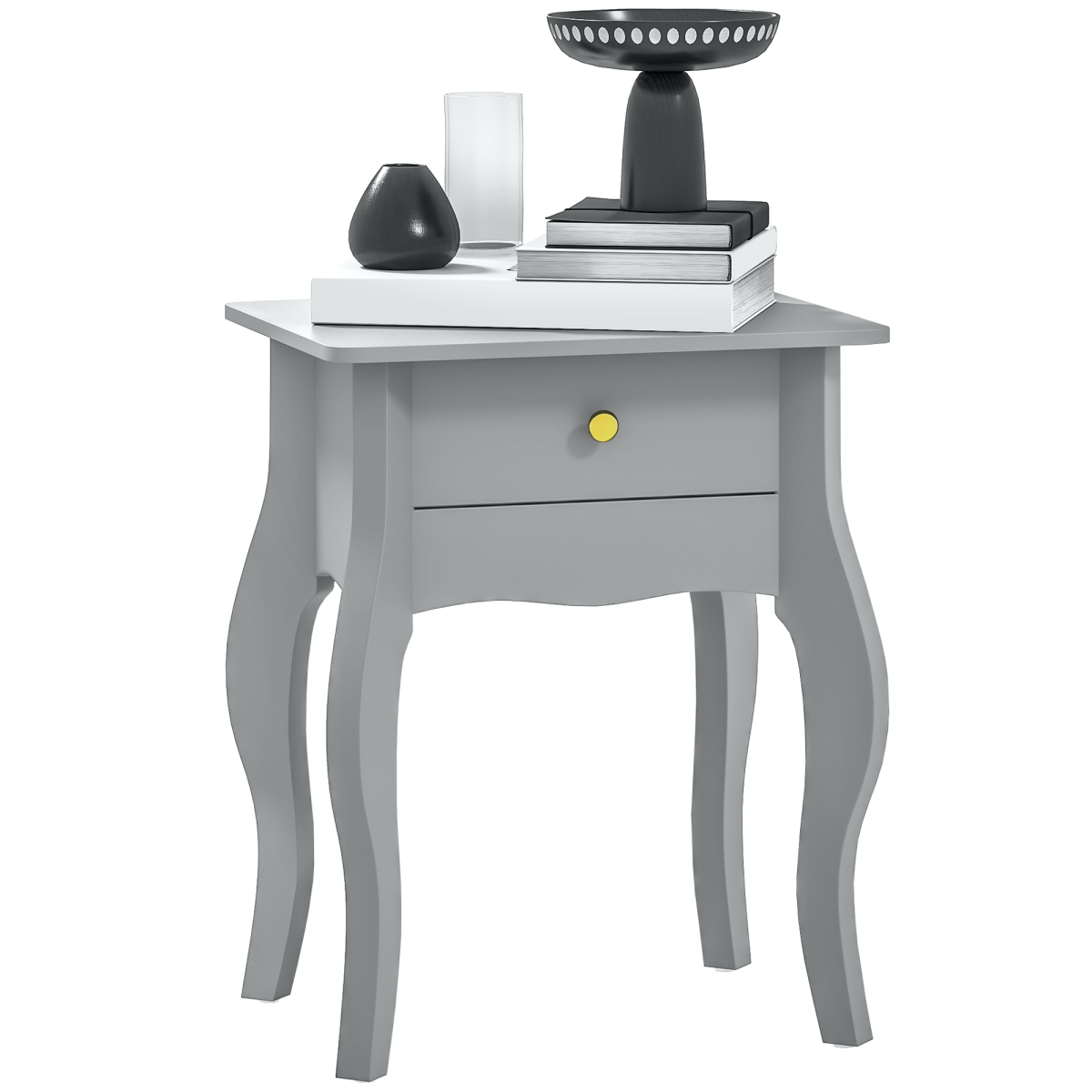 Chic French Style End Table with Drawer & Curved Legs - Grey Elegance