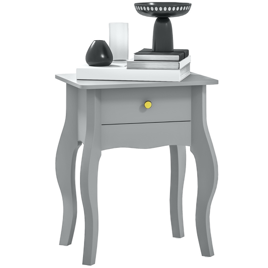 Chic French Style End Table with Drawer & Curved Legs - Grey Elegance