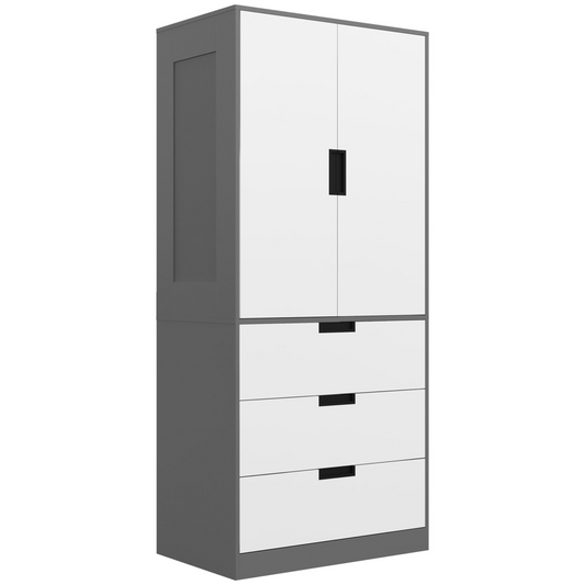2-Door Wardrobe with 3 Drawers & Hanging Rod – Grey